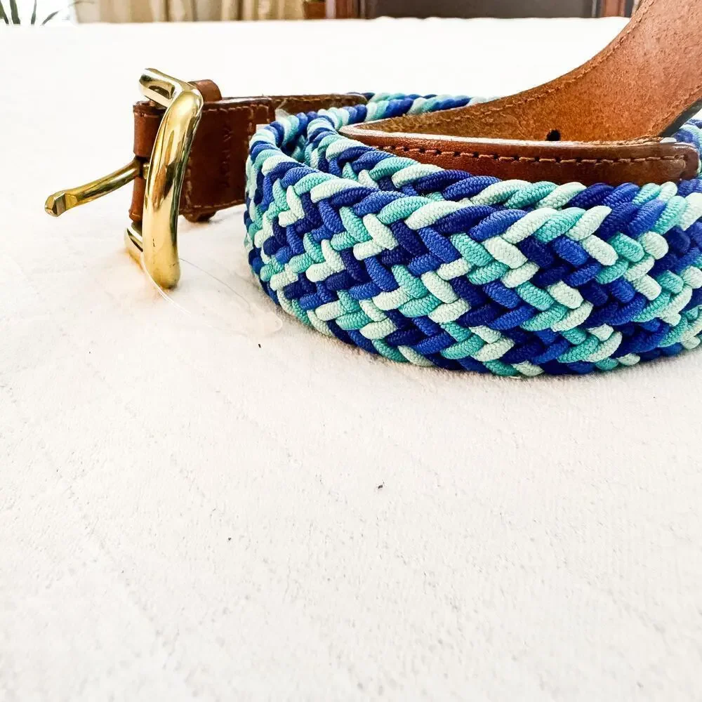 J. Crew Blue Colorful Braided Belt Brass Buckled Leather Tab Size M